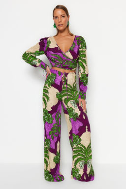 Tropikal Desenli Dokuma Plaj Yuksek Bel Bluz-Pantolon Tak?m TBESS23AU00103 - Trendyolmilla фото 2