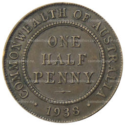 Монета 1/2 пенни 1938 года Австралия