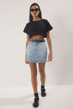 TRENDYOLMILLA Koyu Mavi More Sustainable Soluk Efekt Vintage Yuksek Bel Mini Denim Etek TWOSS24ET00082