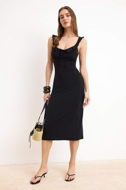 Siyah Bodycon V Yaka Kal?n Ask?l? Kolsuz Volanl?/F?rf?rl? Maxi Esnek Orme Elbise TWOSS26EL00202