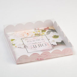 Цена за 5 шт. Коробка для печенья, кондитерская упаковка с пластиковой крышкой, Радуйся новому дню, 18?18?3 см