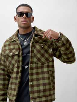 Куртка рубашка шерстяная в клетку мужская демисезонная зеленого цвета 58566Z