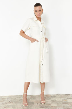 TRENDYOLMILLA Ekru Etek Ucu Puskullu Kemerli Maxi Denim Elbise TWOSS24EL00377 фото 7