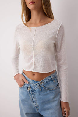 Beyaz Transaparan Nervurlu Regular/Normal Kal?p Crop Orme Bluz TWOAW26BZ00123