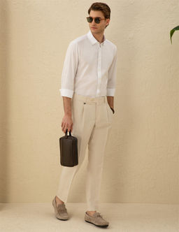 Bej Slim Fit Pileli Keten Kar___ml_ Pantolon