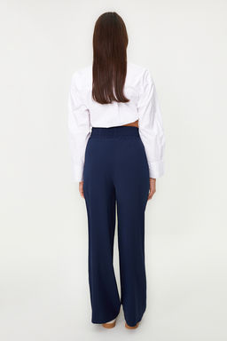 Lacivert Wide Leg/Genis Paca Beli Lastikli Dokuma Pantolon TWOSS22PL00024