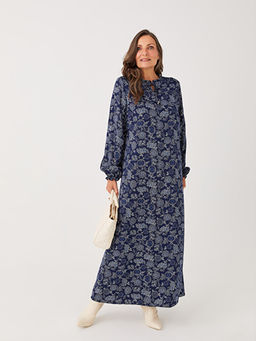 Ba?lamal? Yaka Desenli Uzun Kollu Viskon Elbise