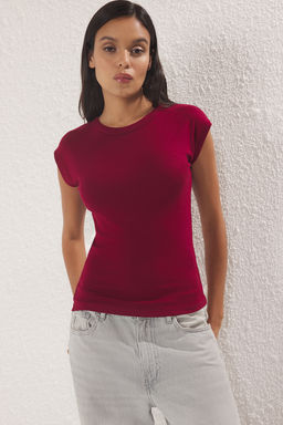 Bordo Premium Viskoz/Yumusak Kumas Fitted/Vucuda Oturan Ay Kol Esnek Orme Bluz TWOSS23BZ00992