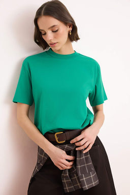 Yesil %100 Pamuk Basic Regular/Normal Kal?p Dik Yaka Orme T-Shirt TWOAW20TS0096
