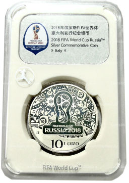 Монета 10 евро 2018 года Италия Чемпионат мира по футболу 2018, Россия (в слабе)
