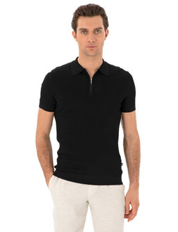 Siyah Slim Fit Fermuarl_ Polo Yaka Triko T-shirt