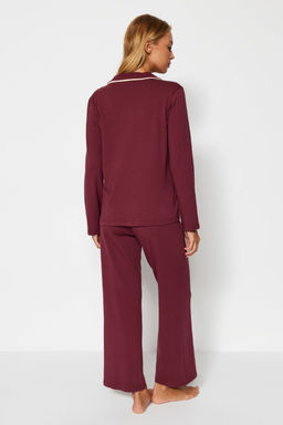 Trendyolmilla Koyu Ten Pamuklu Biye Detayl? Gomlek-Pantolon Orme Pijama Tak?m? THMAW24PT00025  фото 7