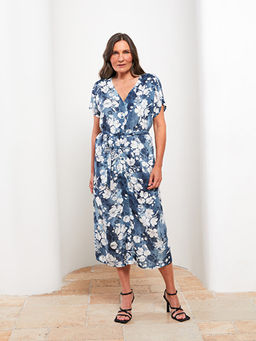 V Yaka ?i?ekli K?sa Kollu Poplin Elbise