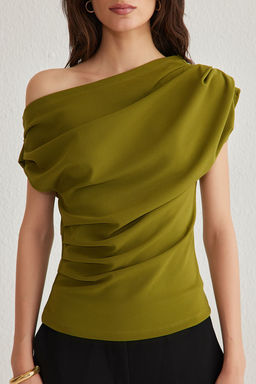 Yag Yesili Buzgu/Drape Detayl? Dokumlu Asimetrik Yaka Orme Bluz TWOSS25BZ00024