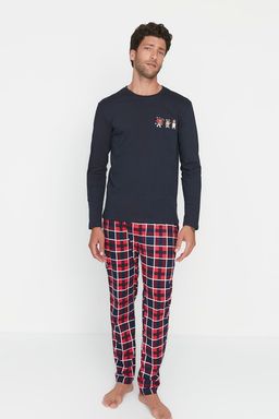 Trendyolmilla Man Lacivert Erkek Regular Fit Alt Ekose Orme Aile Kombini %100 Pamuk Pijama Tak?m? THMAW22PT0431  фото 3