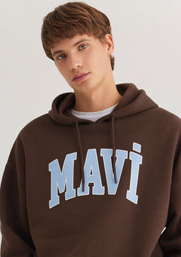 Mavi Logo Bask?l? Kapusonlu Kahverengi Sweatshirt