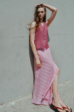 FALDA MIDI CON LINO RAYAS / Rosa / Blanco - Zara фото 4