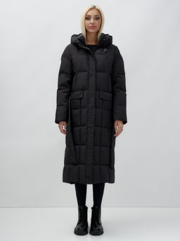 Пальто утепленное стеганное зимнее с капюшоном женское черного цвета 9609Ch - Mtforce фото 2