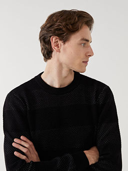 Bisiklet Yaka Uzun Kollu ?izgili Erkek Triko Kazak