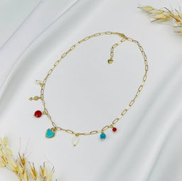 Колье на цепочке с Сердоликом, Жемчугом, Бирюзой и Перламутром 38/45 см