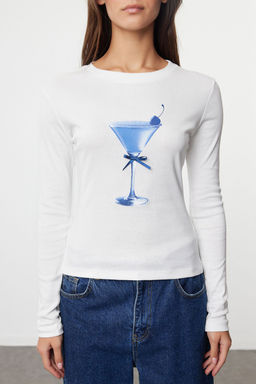 Teen Ekru Bask? ve Fiyonk Detayl? Fitted/Vucuda Oturan Orme Bluz TWOAW25BZ00126