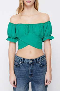 Yesil Baglama Detayl? Carmen Yaka Dokuma Bluz TWOSS21BZ0797