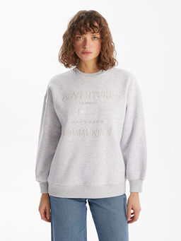 Bisiklet Yaka Nak??l? Oversize Kad?n Kal?n Sweatshirt