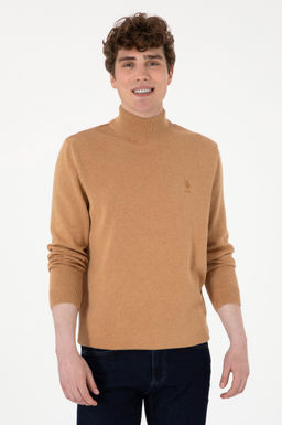Erkek Slim Fit Yar_m Bal_k__ Yaka Camel Melanj Basic Kazak