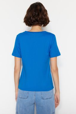 Turuncu-Saks %100 Pamuk 2li Paket Basic V Yaka Orme T-Shirt TWOSS23TS00002