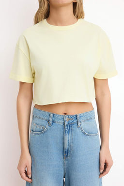 Sar? Boxy Dusuk Kol K?sa Kollu Crop/K?sa %100 Pamuk Orme T-Shirt TWOSS26TS00183