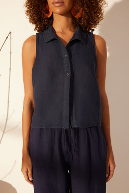 Trendyolmilla Lacivert %100 Keten Kolsuz Bluz TWOSS24BZ00417