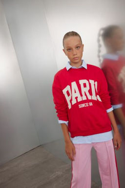K?z Cocuk K?rm?z? Relax Fit Bisiklet Yaka Bask?l? Okul Sweatshirt