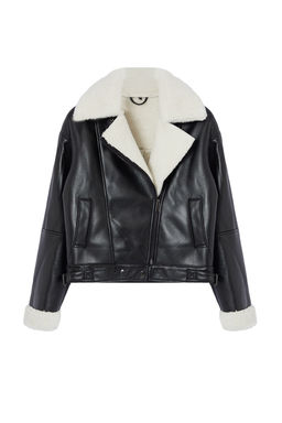 Siyah Oversize Kal?p Pelus Detayl? Suni Deri Biker Ceket Mont TWOAW25MO00001 - Trendyolmilla фото 6