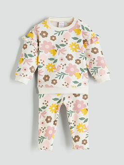 Bisiklet Yaka ?i?ekli K?z Bebek Sweatshirt ve Tayt 2li