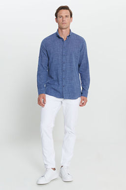 Slim Fit Dar Kesim %100 Pamuk D__meli Yaka Lacivert G_mlek YDA202420011LAC