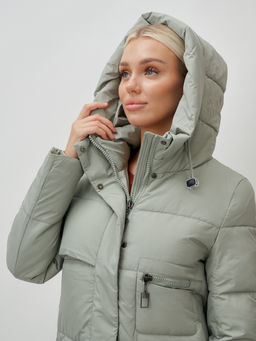 Пальто утепленное стеганное зимнее с капюшоном женское зеленого цвета 9611Z - Mtforce фото 7