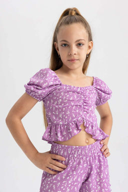 Укороченная футболка с короткими рукавами и складками для девочек - Defacto фото 3