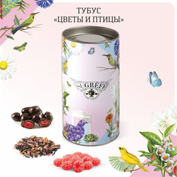 Тубус розовый "ПТИЦЫ", монпансье малина (100 г), вишня в шоколаде (40 г), чай цветочный (25) г