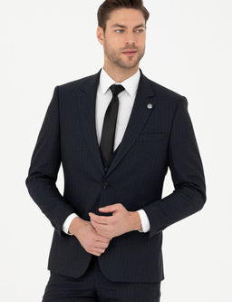 Lacivert Slim Fit _izgili Yelekli Tak_m Elbise