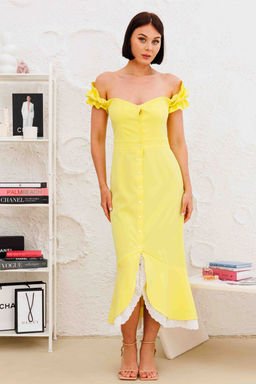 Платье AURA 3265-164-Р лимонный+молочное кружево