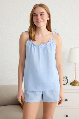 Trendyolmilla Pudra F?rf?rl? Ip Ask?l? Baglama Detayl? Muslin Sortlu Dokuma Pijama Tak?m? THMSS25PT00033  фото 4