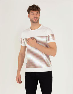 Ekru Slim Fit Bisiklet Yaka Triko Ti__rt