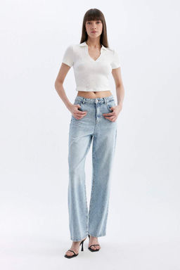 Футболка-поло с короткими рукавами и зауженным кроем в рубчик на камзоле - Defacto фото 2