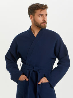 Вафельный удлиненный халат Кимоно унисекс "Ромбы" темно-синий В-14 (28)