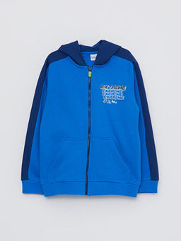 Kap??onlu Bask?l? Uzun Kollu Erkek ?ocuk Fermuarl? Sweatshirt