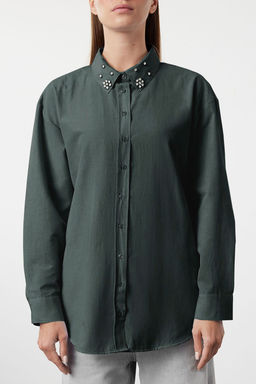Koyu Yesil Yakas? Tas Detayl? Oversize Dokuma Gomlek TWOAW24GO00168