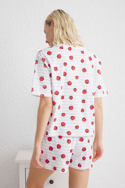 Trendyolmilla Cok Renkli %100 Pamuklu Cizgili ve Cilek Desenli Sortlu Orme Pijama Tak?m? THMSS25PT00087  фото 11