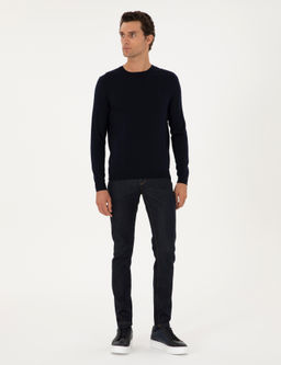 Lacivert Slim Fit Y_n Kar___ml_ Bisiklet Yaka Basic Triko Kazak