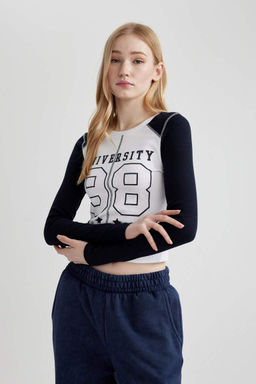 Кружевная футболка с длинными рукавами и круглым вырезом в рубчик с принтом - Defacto фото 6