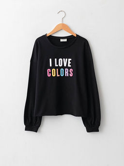 Bisiklet Yaka Bask?l? Uzun Kollu Pamuklu K?z ?ocuk Ti??rt